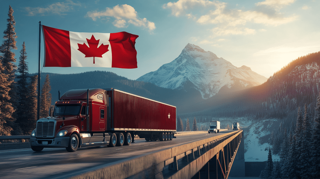 Flatbed freight truck crossing U.S.-Canada border through mountainous highway