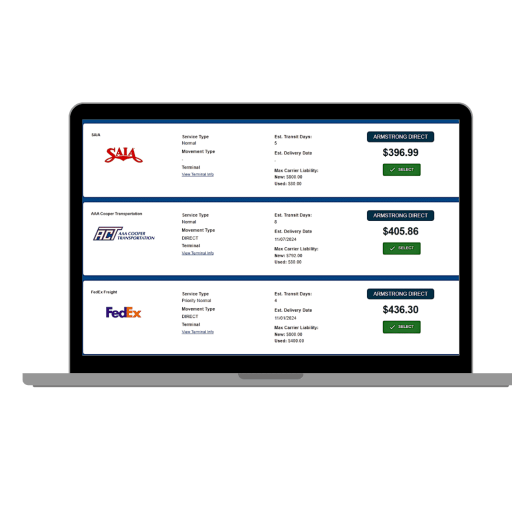 Abound Transport LTL Instant Quote TMS System displayed on laptop screen for generating 24/7 freight quotes with accurate and reliable pricing