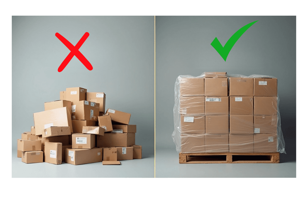 Freight packaging with green check for correct and red X for incorrect shipping practices from Canada to the USA