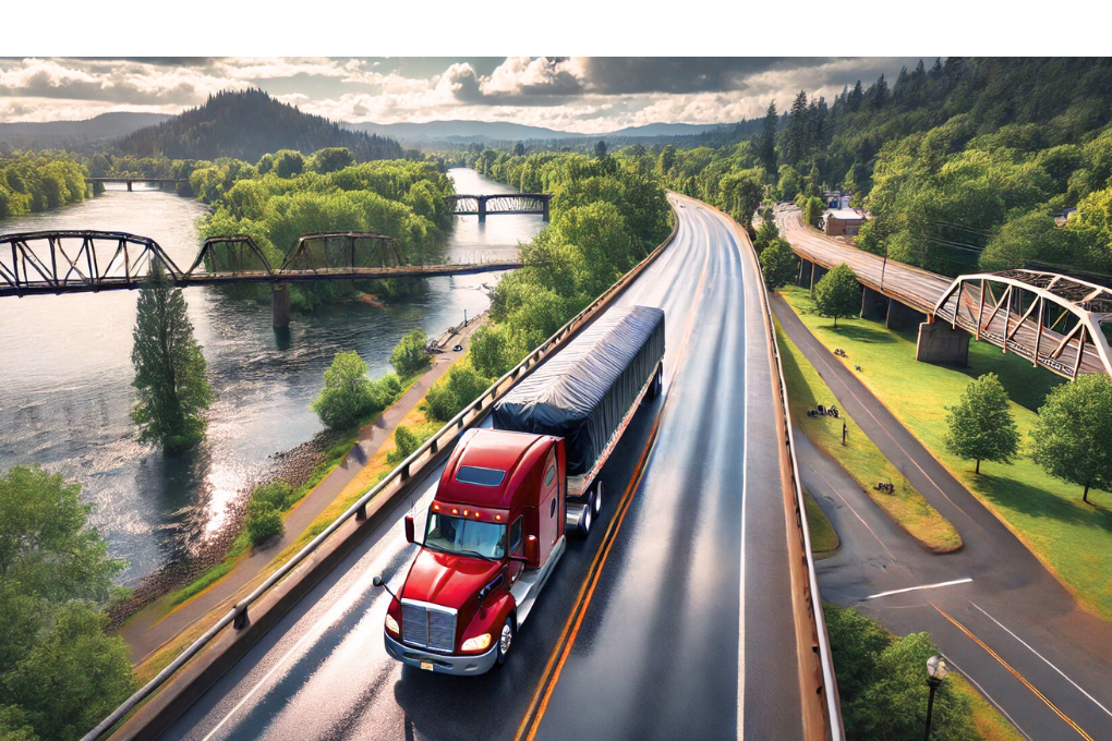 Conestoga flatbed truck driving through scenic Oregon landscape on a highway near Eugene, showcasing Abound Transport's freight services in Oregon and Washington