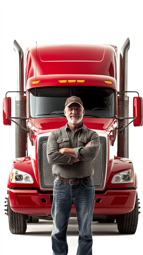 Truck driver standing in front of his semi-truck, representing a technology-driven Transportation Management System (TMS) designed specifically for truckers