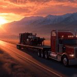 Flatbed truck carrying an oversized load on a scenic highway