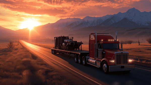 Flatbed truck carrying an oversized load on a scenic highway