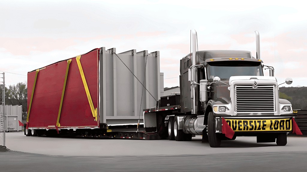 Double drop heavy haul trailer transporting a large industrial generator on a highway.