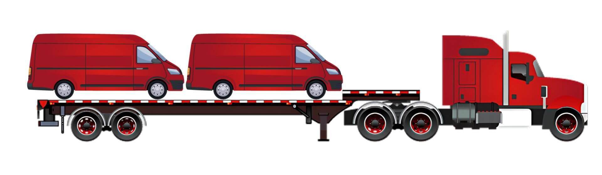 Graphic of two red Sprinter vans loaded on a step deck trailer with ramps for long haul transport