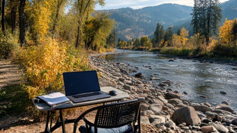 Outdoor workspace on a river deck with laptop and headset representing work from anywhere logistics at Abound Transport