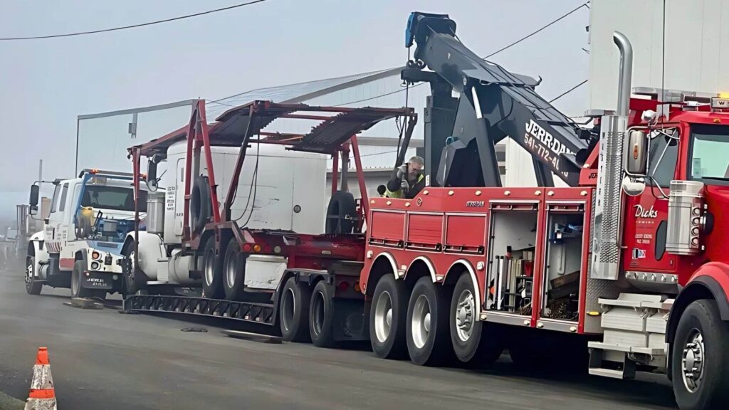 Broken down car hauler loaded for transport by Abound Transport.
