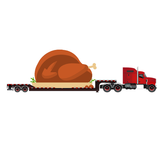 Double drop trailer hauling a giant Thanksgiving turkey representing holiday oversize load restrictions for trucking.