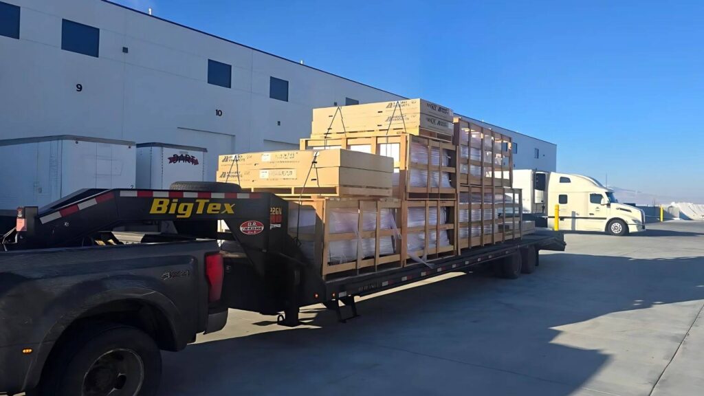 Vehicle parts loaded on a hotshot trailer for expedited freight transport by Abound Transport.