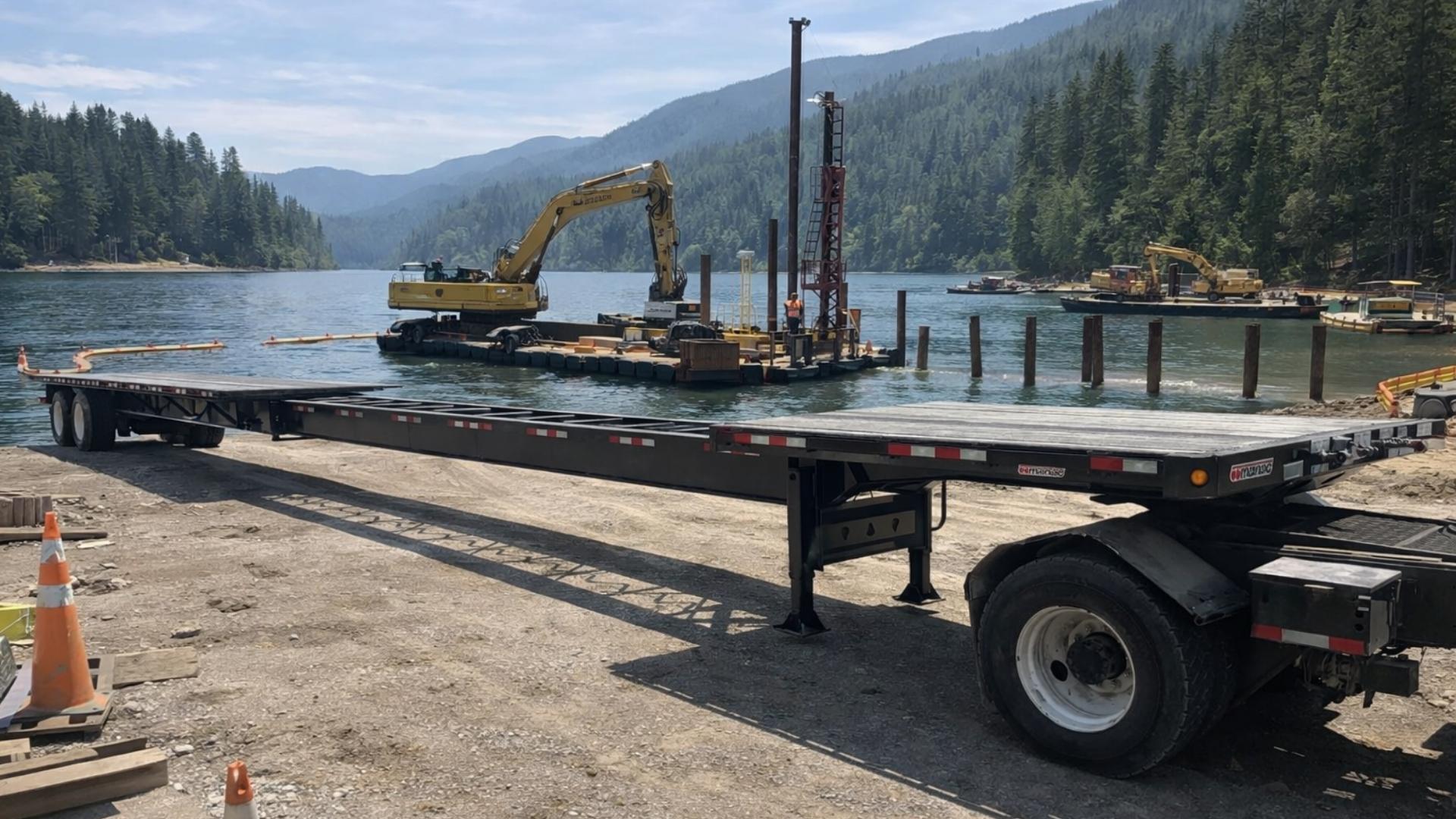 Stretch flatbed extendable trailer loading maritime freight at a lakeside jobsite