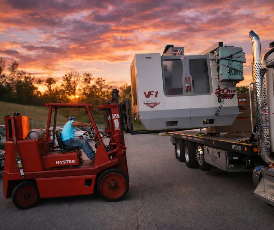 haas vf-1 cnc machine loaded on a flatbed trailer for long haul transport services