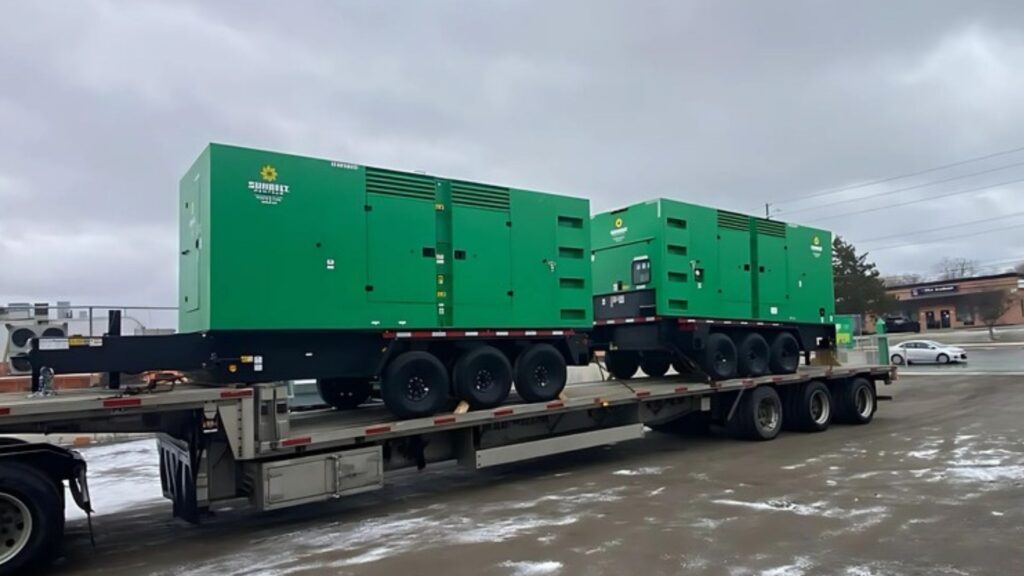 Industrial generators secured on a flatbed trailer for transportation