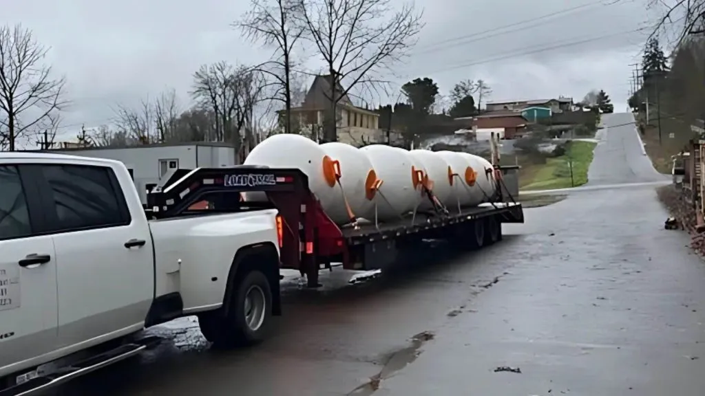 Ocean buoys loaded on hotshot trailer for marine freight delivery