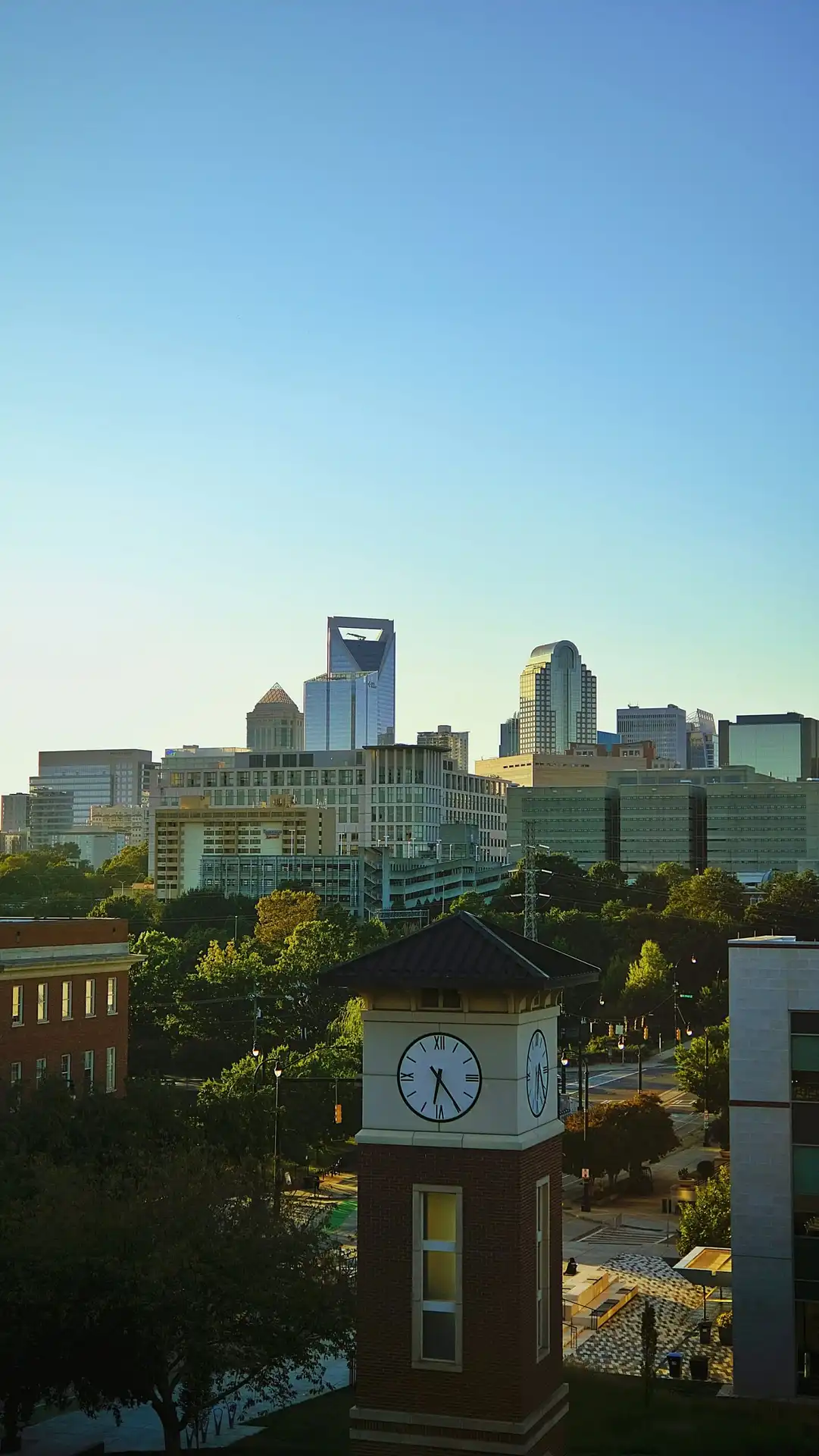 Charlotte North Carolina city skyline with brick clocktower in the foreground representing Southeast freight and logistics shipping network