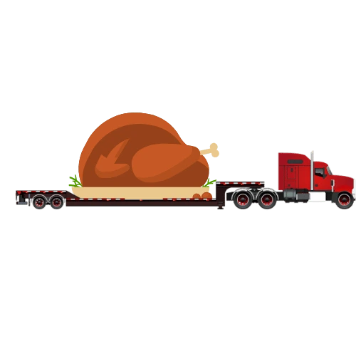 Illustration of a red semi-truck hauling a giant roasted turkey on a flatbed trailer for Thanksgiving freight delivery