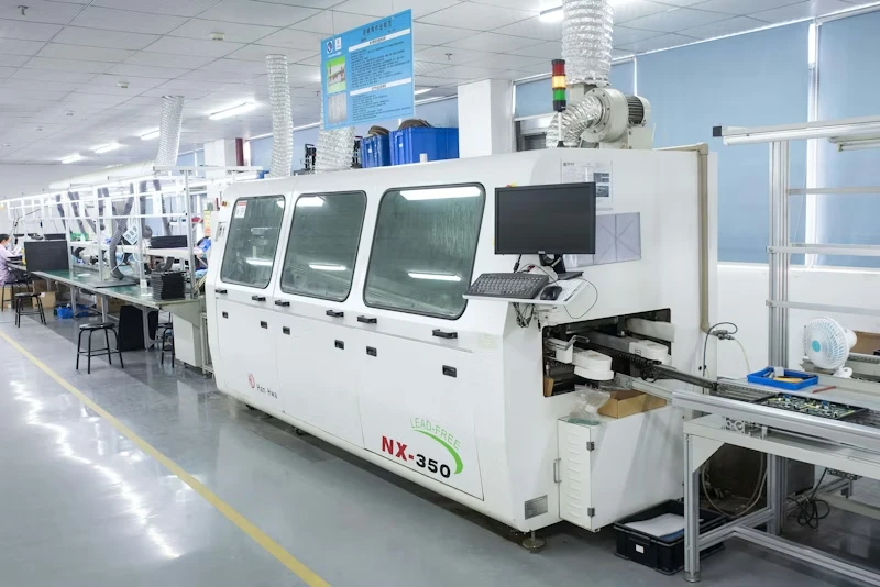 Lead-free wave soldering machine and SMT assembly line in high-tech electronics manufacturing plant