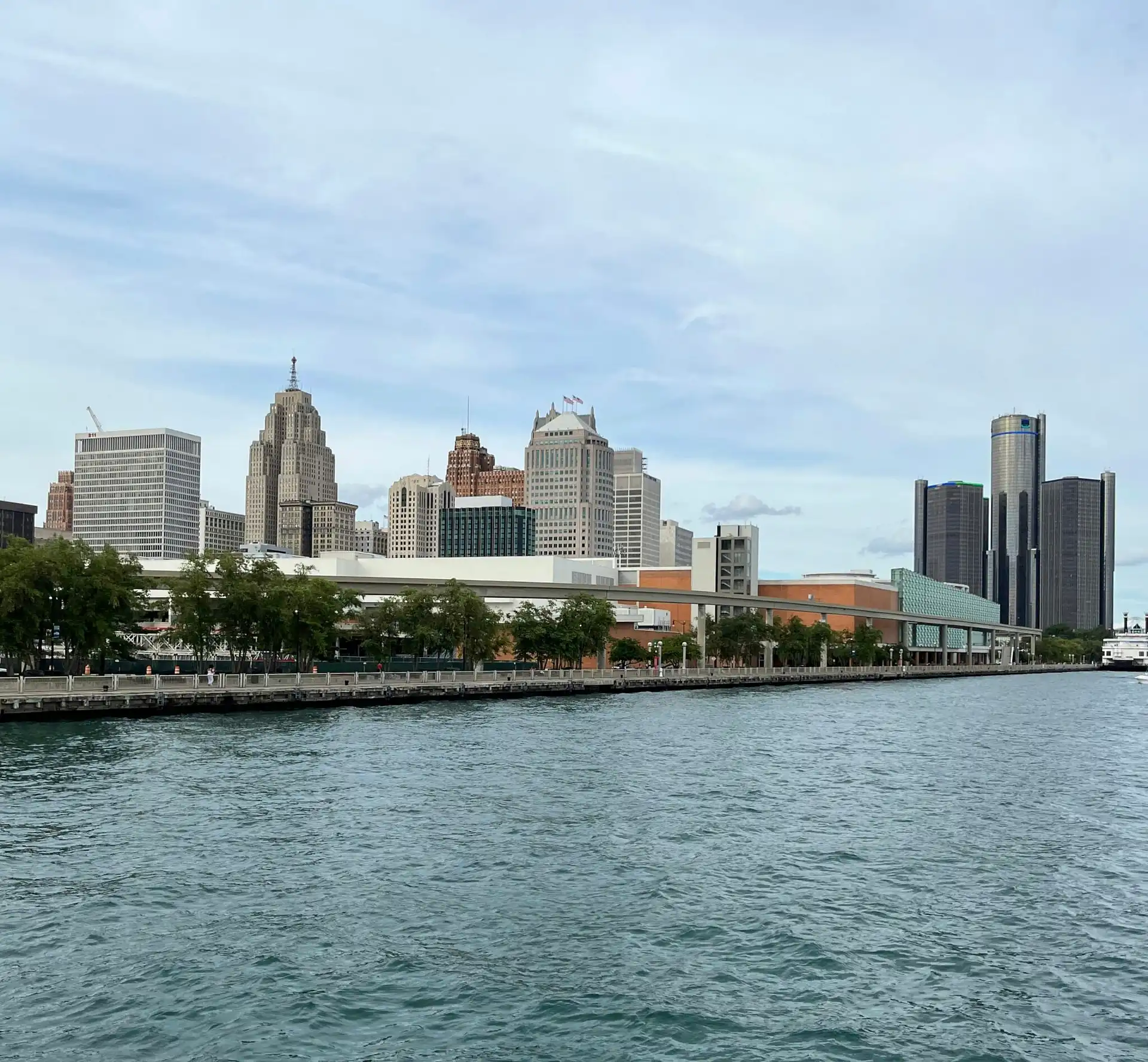 Detroit Michigan skyline and Renaissance Center along the Detroit River representing automotive supply chain and Midwest freight logistics