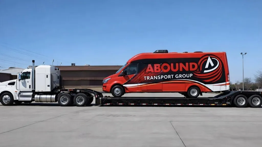 Abound Transport Group flatbed semi-truck transporting a branded red passenger shuttle bus