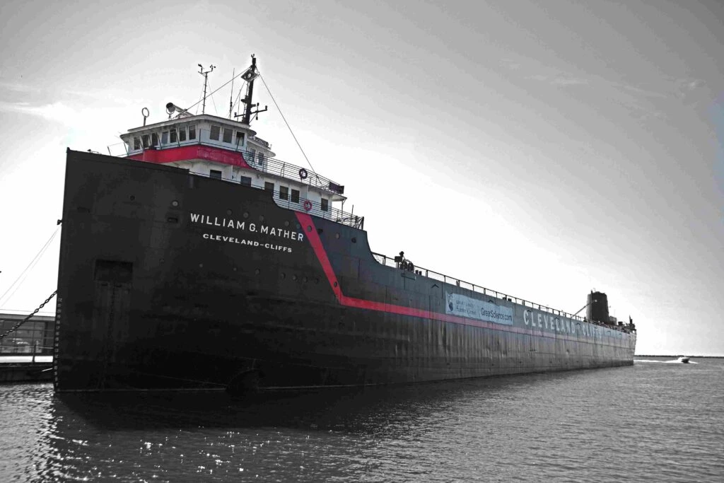 Historic William G. Mather Cleveland-Cliffs Great Lakes bulk freighter cargo steamship docked at port