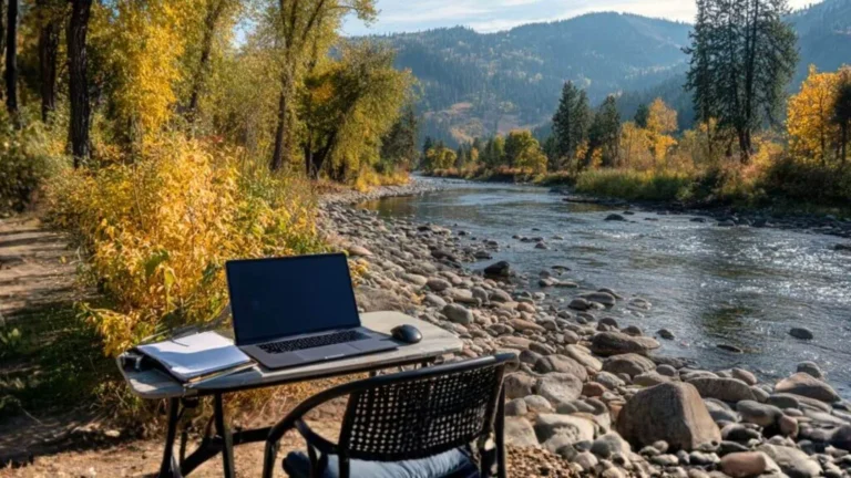 Remote work setup with laptop on table beside scenic mountain river and autumn trees